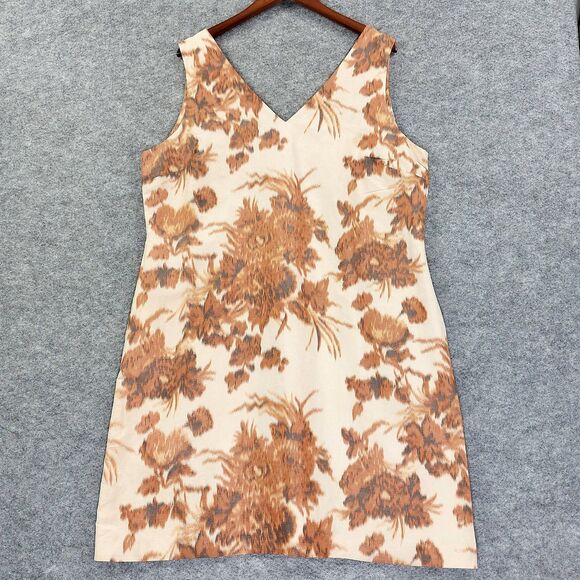 Talbots Dress Womens 20 Brown Beige Floral V Neck Sleeveless Linen Silk Pockets - Picture 1 of 13